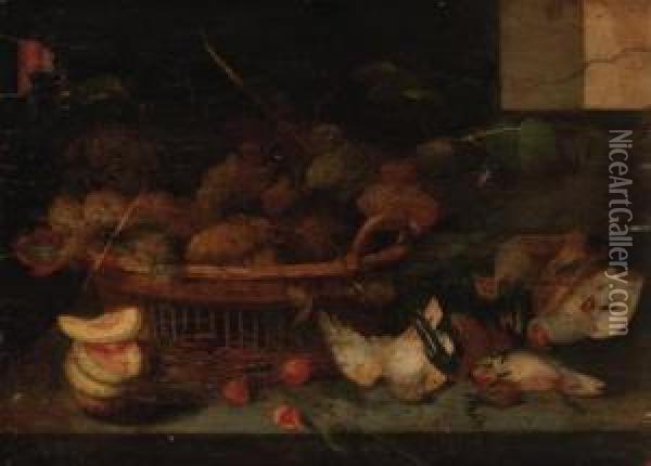 A Basket Of Grapes, With Other Fruit And Dead Birds On Aledge Oil Painting - Peter Paul Binoit