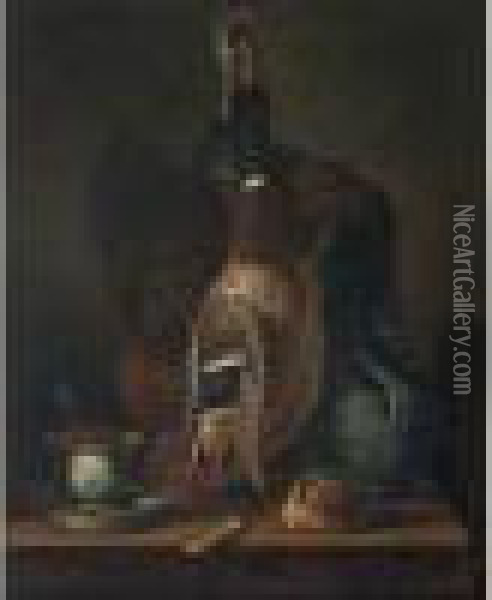 Ecumoire De Crevettes, Huitres, Flasque Et Bouteille Oil Painting - Alphonse de Neuville