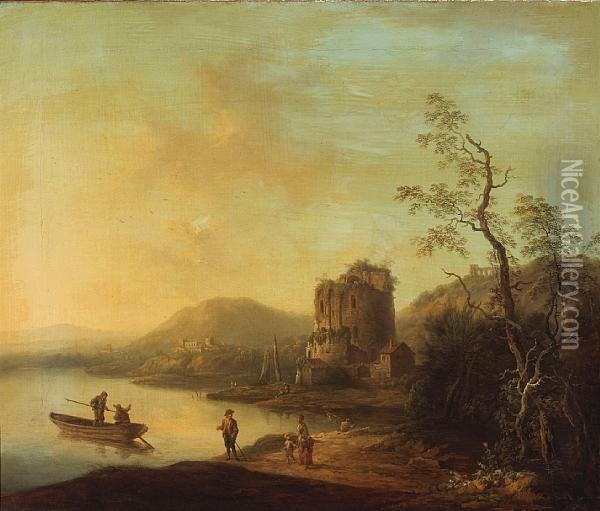 A River Landscape With Figures On The Bank Andruins In The Background Oil Painting - Johann Christian Vollerdt or Vollaert