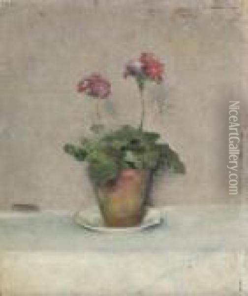 Primeveres Roses Dans Un Pot De Terre Oil Painting - Ivan Pavlovich Pokhitonov