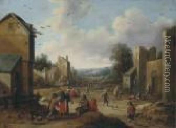 A Village Street With Peasants Oil Painting - Joost Cornelisz. Droochsloot