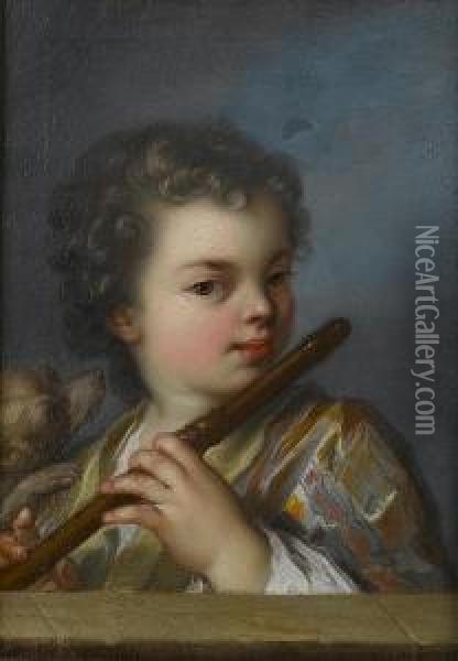A Young Boy Playing The Flute At A Stone Ledge, A Dog At His Side Oil Painting - Charles-Antoine Coypel