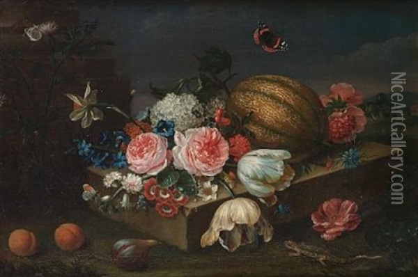 Roses, Carnations, Narcissi, Convolvulus, Tulip And Other Flowers With A Melon On A Stone Ledge With A Fig And Two Peaches, A Lizard And Butterflies Oil Painting - Heinrich Christoph Pickhardt