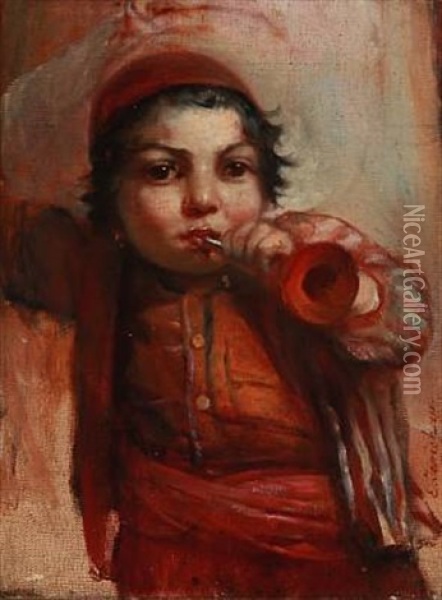 A Boy Playing A Wind Instrument. Study For A Larger Work Depicting Polish Refugees (study) Oil Painting - Elisabeth Anna Maria Jerichau-Baumann