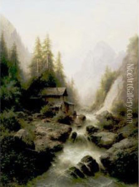 Old Watermill By The Waterfall Oil Painting - Albert Rieger