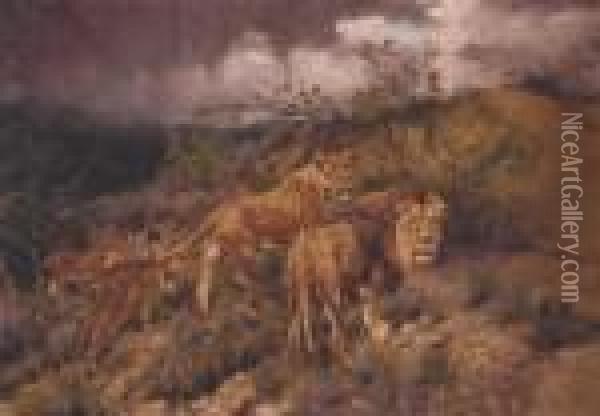 Family Of Lions Oil Painting - Geza Vastagh
