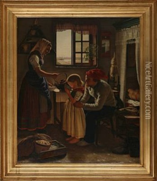 Interior With A Fisher Family From Skovshoved Neighbourhood, Denmark Oil Painting - Edvard Lehmann