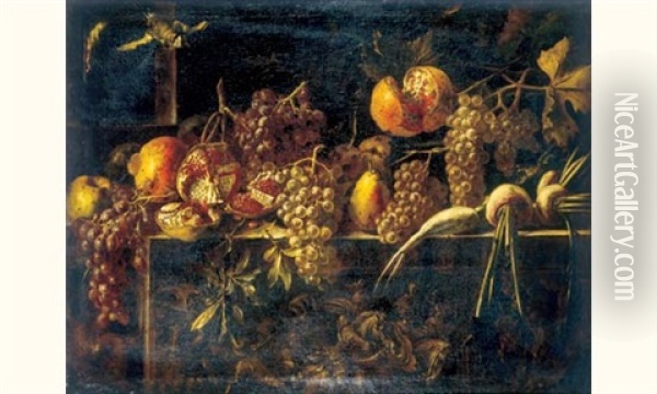 Nature Morte Aux Raisins, Grenades, Poires Et Navets Disposes Sur Un Entablement Sculpte Oil Painting - Giovanni Battista Ruoppolo