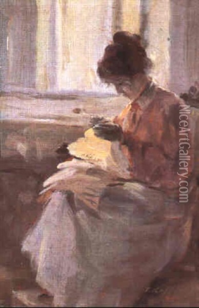 Junge Frau Beim N,hen Oil Painting - Albert von Keller