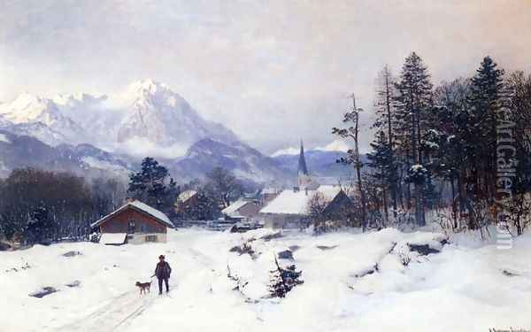 A Hunter in a Winter Landscape Oil Painting - Anders Anderson-Lundby