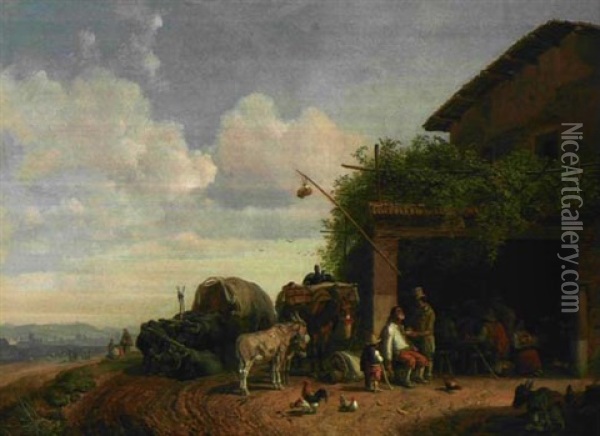 Hirten Machen Mit Ihren Tieren Rast In Einer Osteria Oil Painting - Heinrich Buerkel