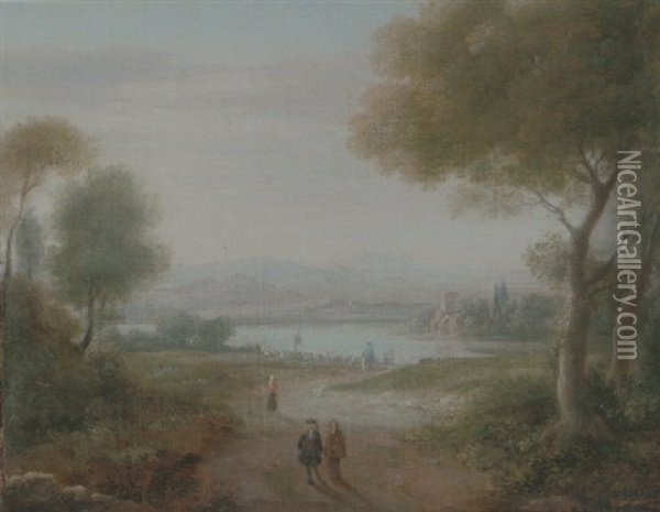 An Italianate Landscape With Elegant Figures On A Path, A Shepherd And His Flock At The Side Of A Lakeside Beyond Oil Painting - Hendrick Frans van Lint