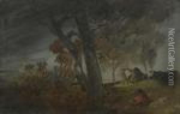 Autumn Landscape With Redcoat And Two Cows. Oil Painting - Wilhelm Busch