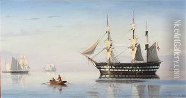A Danish Frigate And Several Other Sailing Ships Laying At Anchor In Oresund Oil Painting - Christian Blache