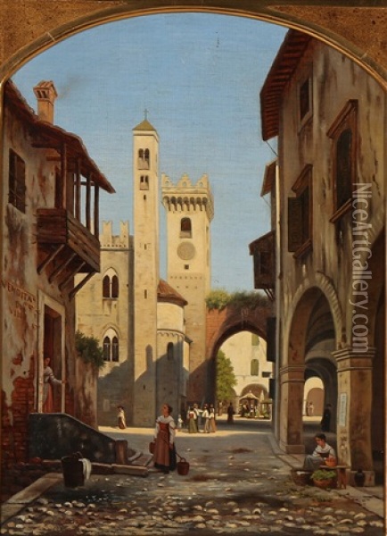 Italian Street Scene With A Church And People Gathering Near The Market Oil Painting - Peter Kornbeck