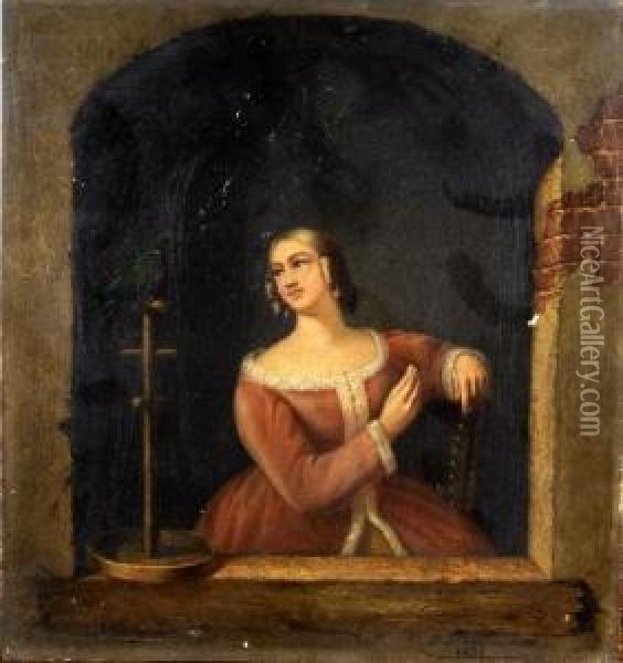 [jeune Femme Au Perroquet] (date1851) Oil Painting - Jules Van Imschoot