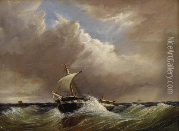 Untitled (seascape With Single-mast Fishing Vessel) Oil Painting - Thomas Henry Hair