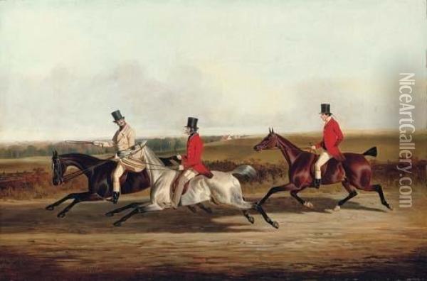 Group Portrait Of Lord Durham, Ralph Lambton And Billy Williamson, Riding To A Meet Oil Painting - John Dalby Of York