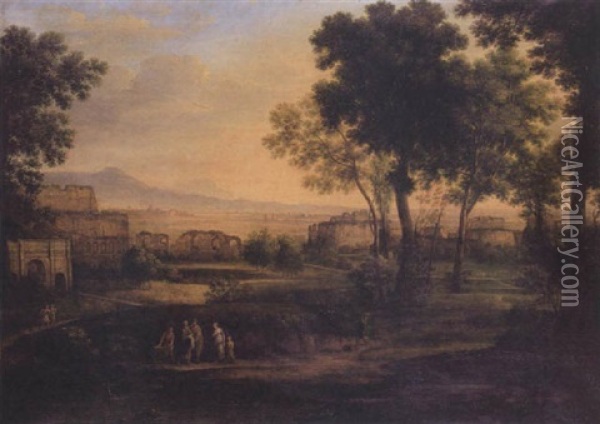 Figures In A Landscape With Ruined Buildings Beyond Oil Painting - Claude Lorrain