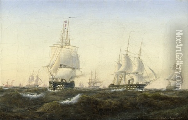 Segelschiffe Auf Dem Wasser Im Morgenrot Oil Painting - Carl Emil Baagoe