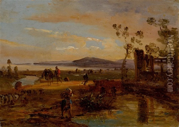 Farmers And Animals In A Landscape Near Naples Oil Painting - Anton Sminck Pitloo