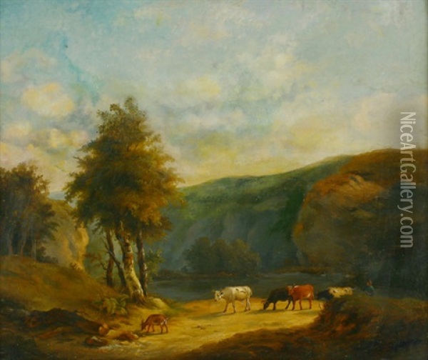 Landschaft Mit Bergsee Und Hirtenstaffage Oil Painting - Jean-Baptiste de Jonghe