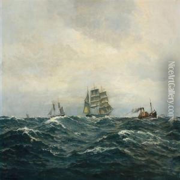 Sailing Ships At Sea Oil Painting - Christian Benjamin Olsen