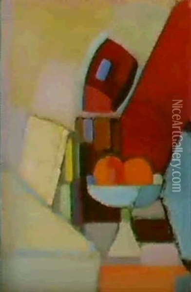 Opstilling Med Boger, Aesker, Papirruller Og                Hvid Opsats Med To Appelsiner. Omkr. 1949 Oil Painting - Vilhelm Lundstrom