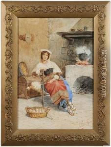 Spinning Yarn By The Hearth Oil Painting - Eduard Vitali