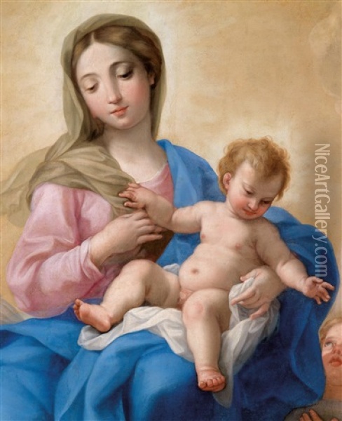 Thronende Madonna Mit Dem Christusknaben Und Einem Engel Oil Painting - Giovanni Odazzi