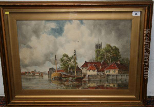 Fishing Boats In Harbour With Church Tower Beyond Oil Painting - Hermanus Jr. Koekkoek
