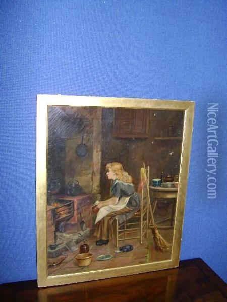 Woman In A Kitchen Interior Oil Painting - David W. Haddon