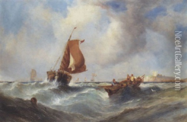 Fishing Boats In Close Quarters Off The Coast Oil Painting - William Callcott Knell