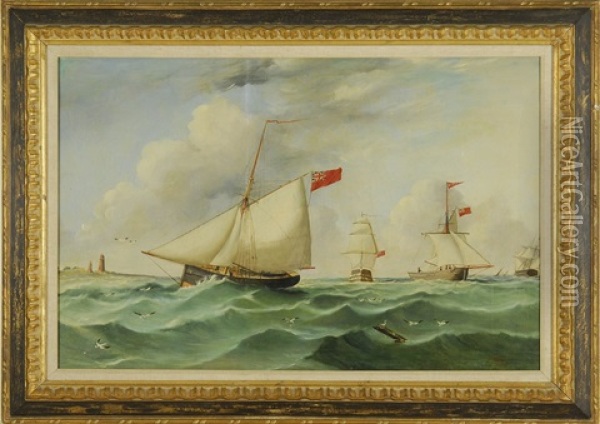Ships Navigating A Busy Channel Oil Painting - James H. Wheldon