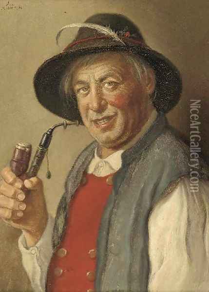 A Tyrolean pipe smoker Oil Painting - Ludwig Kohrl