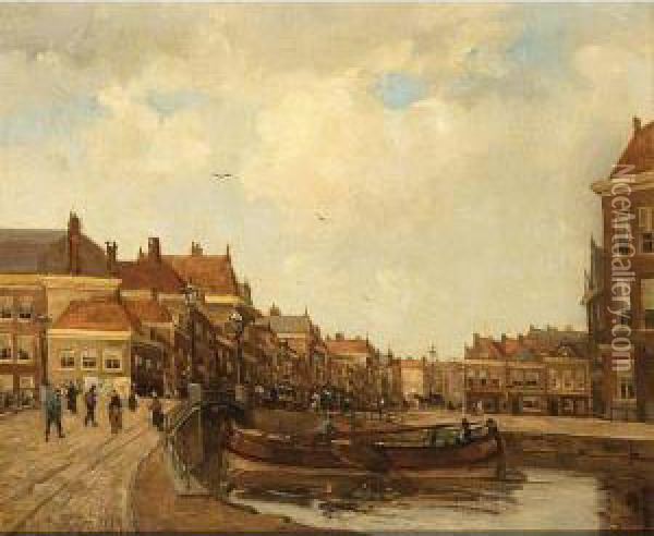 Moored Boats In A Dutch Town Oil Painting - Kees Van Waning