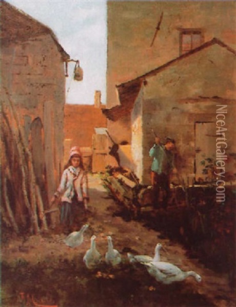 La Basse-cour Oil Painting - Francisco Miralles y Galup