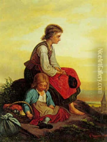 Mor Og Barn Holder Hvil Pa Vej Til Marked Oil Painting - Adolf Ernst Meissner