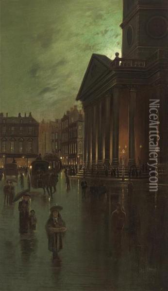 Figures In A Moonlit City Street Oil Painting - John Atkinson Grimshaw