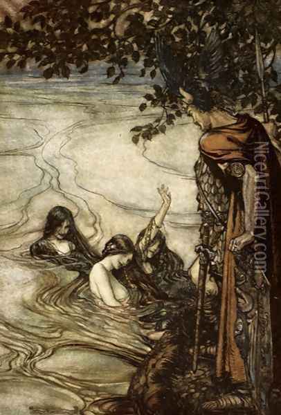 Though gaily ye may laugh, in grief ye shall be left. For mocking maids, this ring ye ask shall never be yours, illustration from Siegfried and the Twilight of the Gods, 1924 Oil Painting - Arthur Rackham