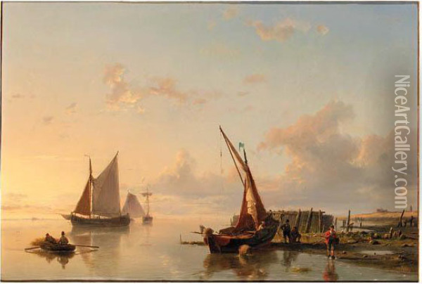 Sailingvessels At The Entrance Of The Harbour; Towards The Opensea Oil Painting - Hermanus Koekkoek