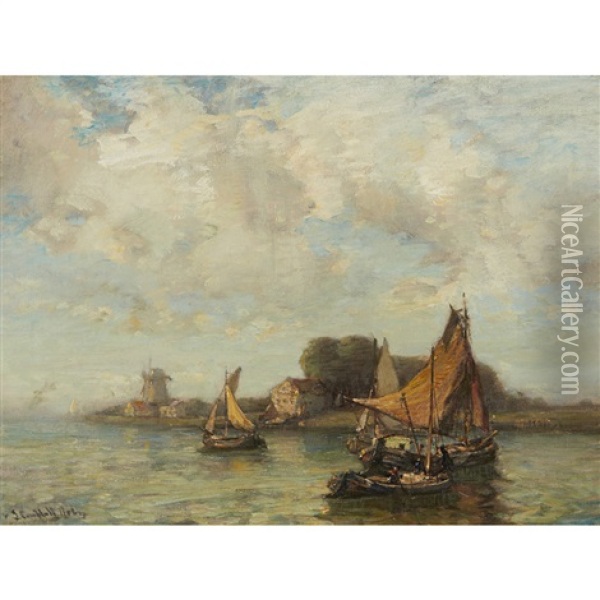 Hay Barges Off The Dutch Coast Oil Painting - James Campbell Noble