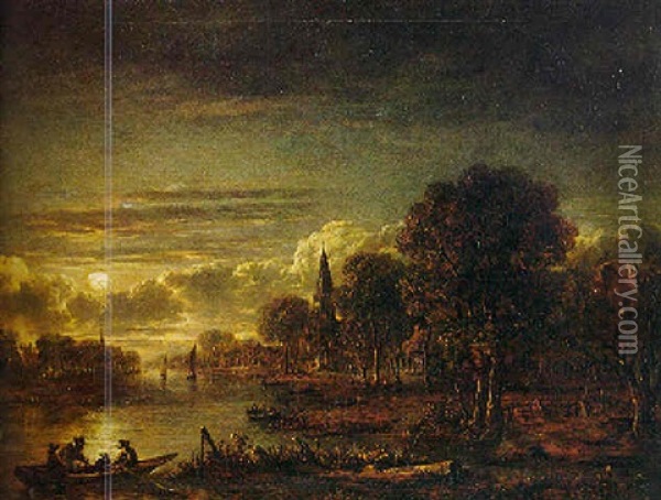 Moonlit Landscape With Figures Boating On An Estuary Oil Painting - Aert van der Neer