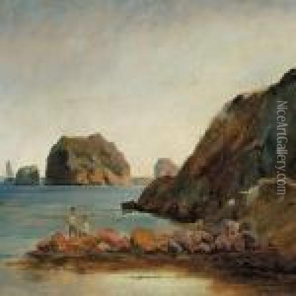 Rocky Coast With Twoboys Fishing Oil Painting - Carl Frederick Sorensen