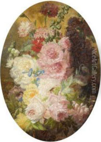 Bouquet De Fleurs Et Nature Morte Aux Fruits Et Au Perdreau Gris Oil Painting - Leon Rousseau