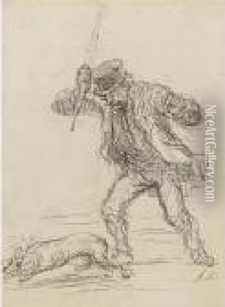 Homme Battant Son Chien Oil Painting - Honore Daumier