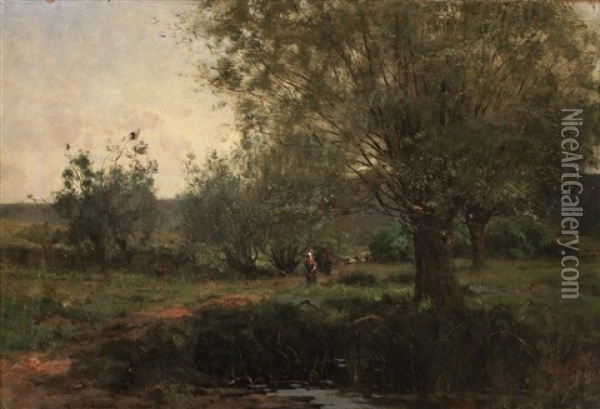 Figures In A Wooded Landscape Oil Painting - Aaron Allan Edson
