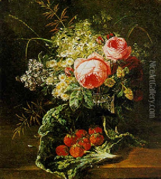 A Still Life With Peonies, Roses And Strawberries Oil Painting - Francois Joseph Huygens