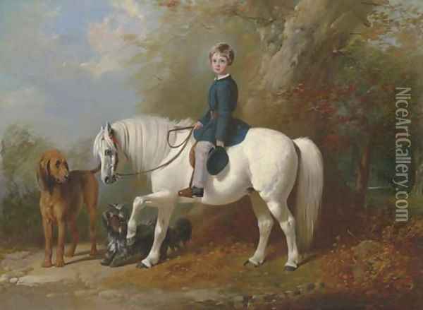 Master Beresford Lowndes on his pony with two dogs at the edge of a wood Oil Painting - Henry Barraud
