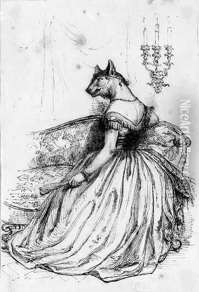 A caricature of an elegant lady with the head of a wolf Oil Painting - J. J. Grandville